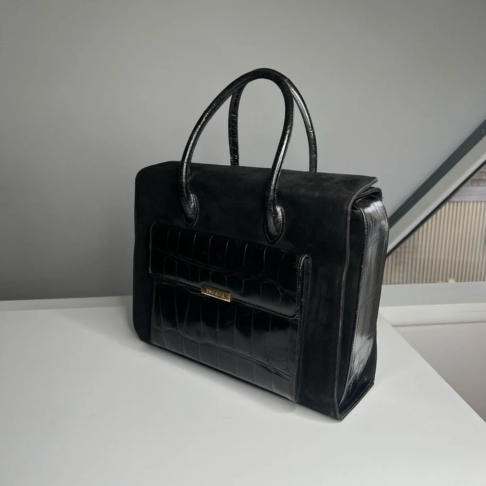 Escada Black Croc Embossed Leather Suede Pocket Structured Satchel Tote Bag